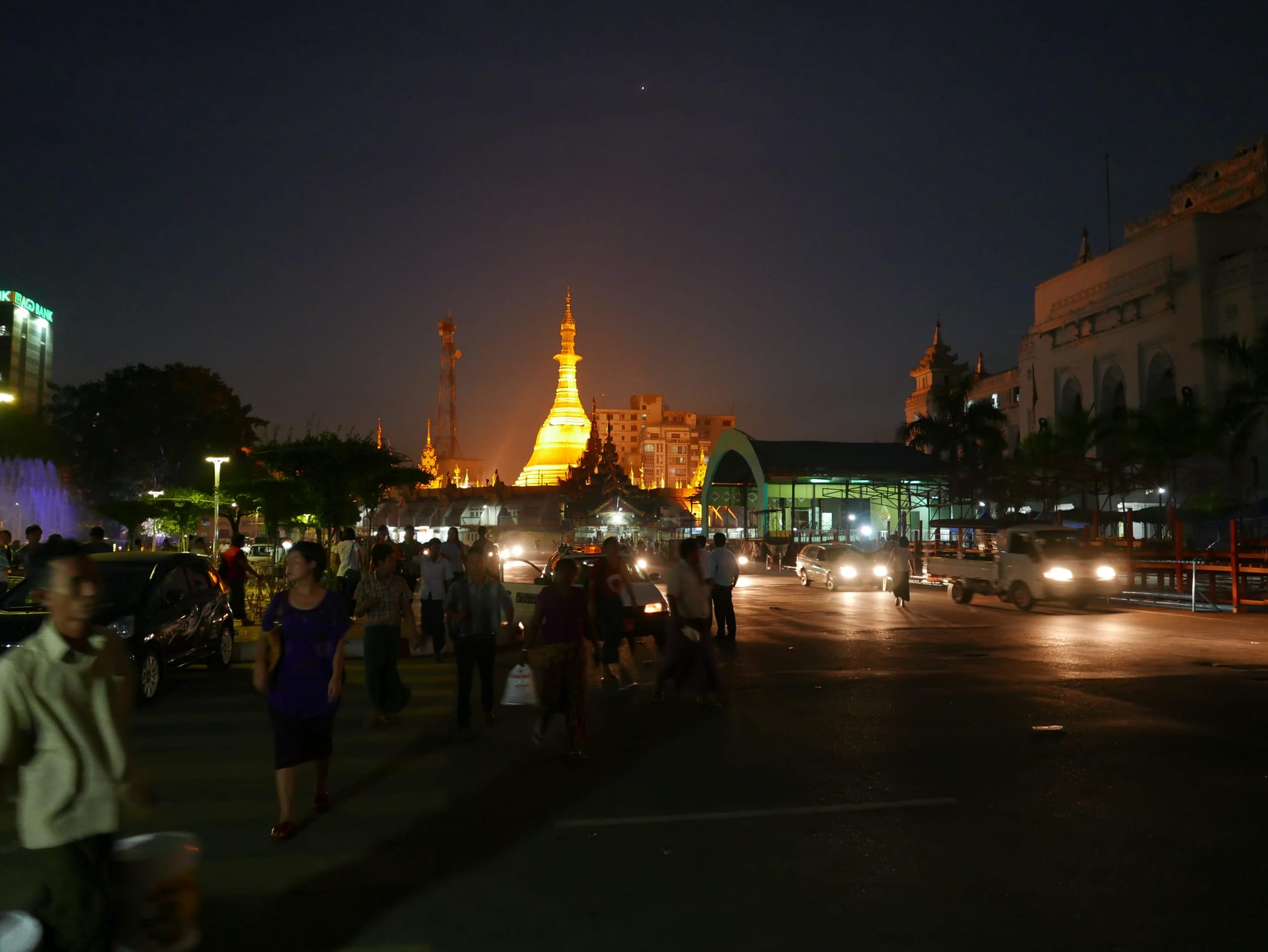 Photo by Author — The street at night with illuminated pagoda