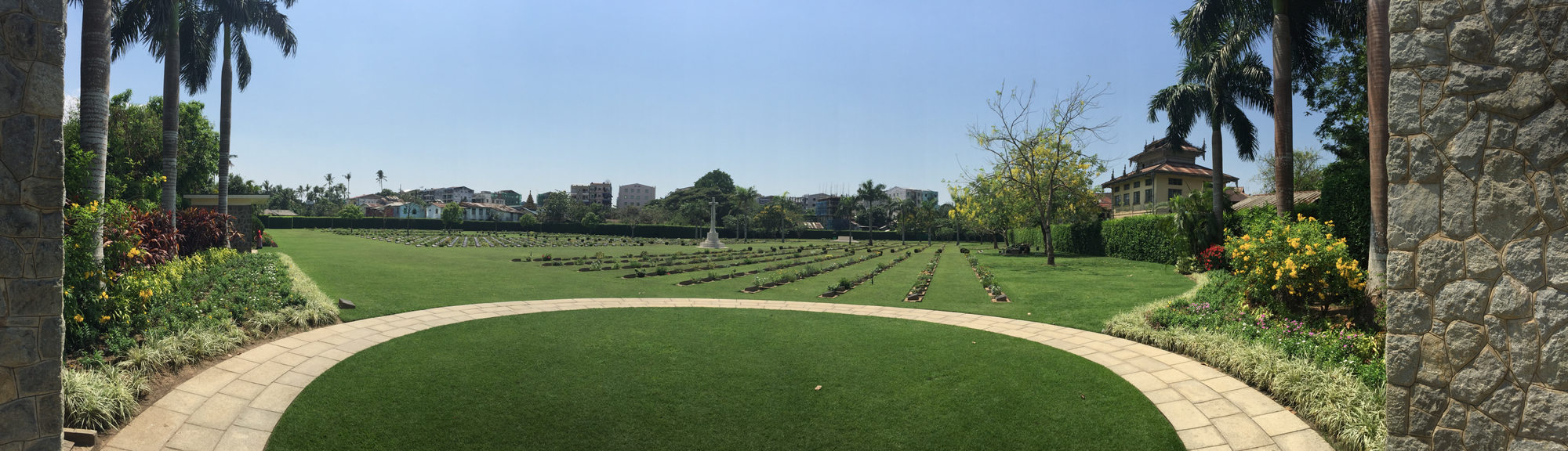 Photo by Author — panorama view of the Rangoon War Cemetery from the main gate