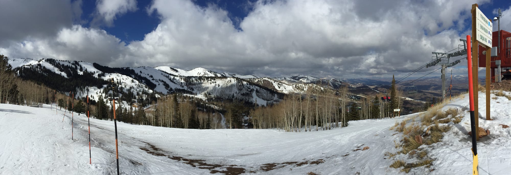 Photo by Author — skiing The Canyons Ski Area — some worrying brown spots in the snow