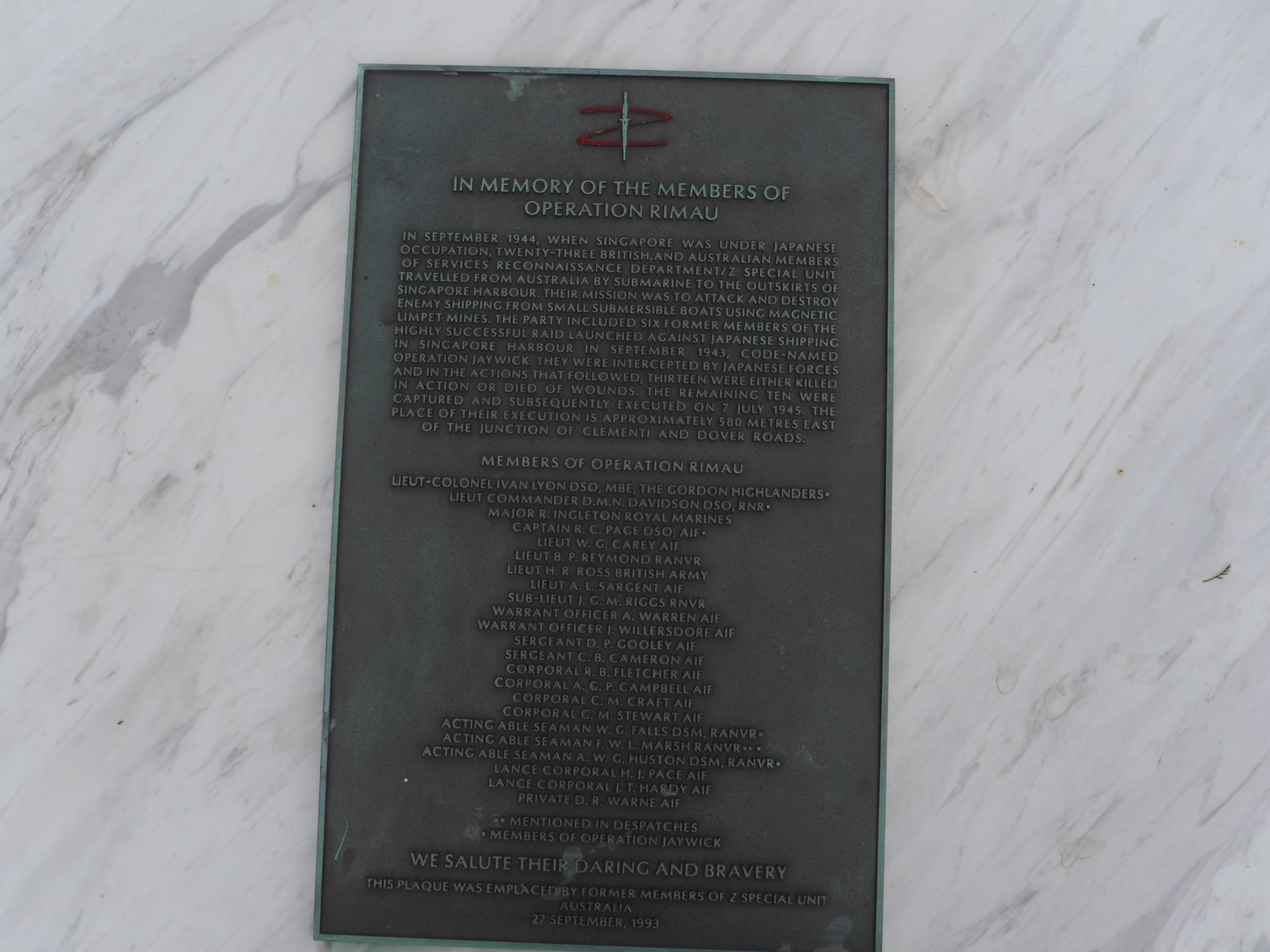 Photo by Author — plaque for operation Rimau Kranji — Z Special Unit — War Memorial, Singapore