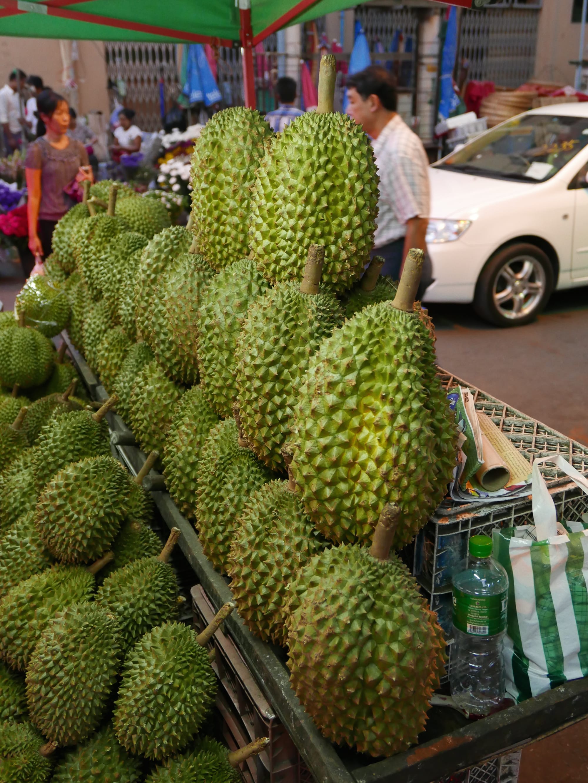 Photo by Author — durian on sale in Chinatown, Yangon (Rangoon), Myanmar (Burma)
