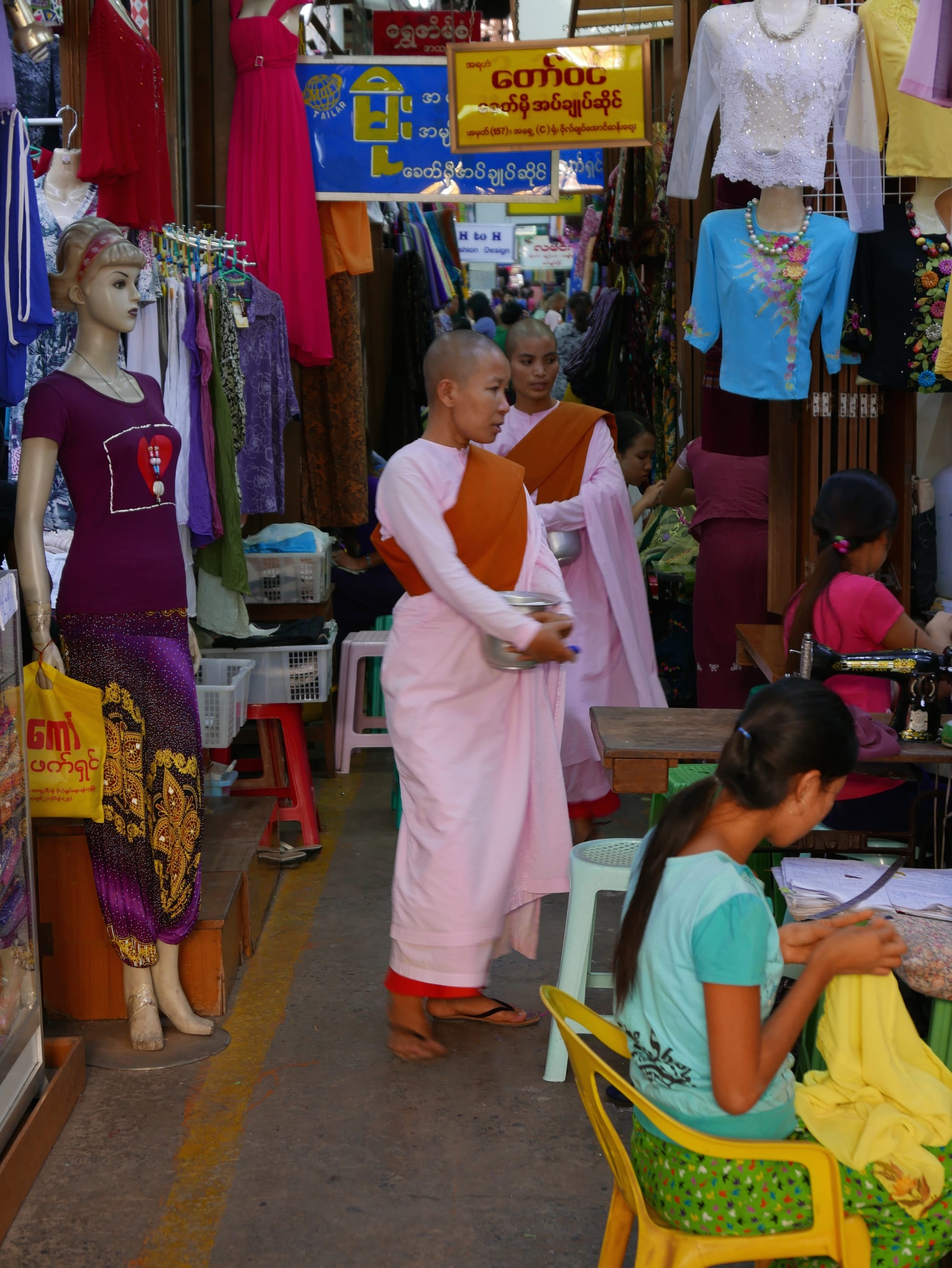 Photo by Author — “pink nuns” in Bogyoke Market (Scotts Market), Yangon