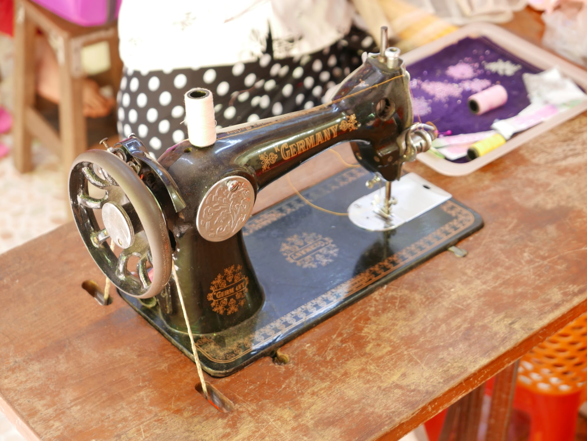 Photo by Author — an old sewing machine — Bogyoke Market (Scotts Market), Yangon (Rangoon), Myanmar (Burma)