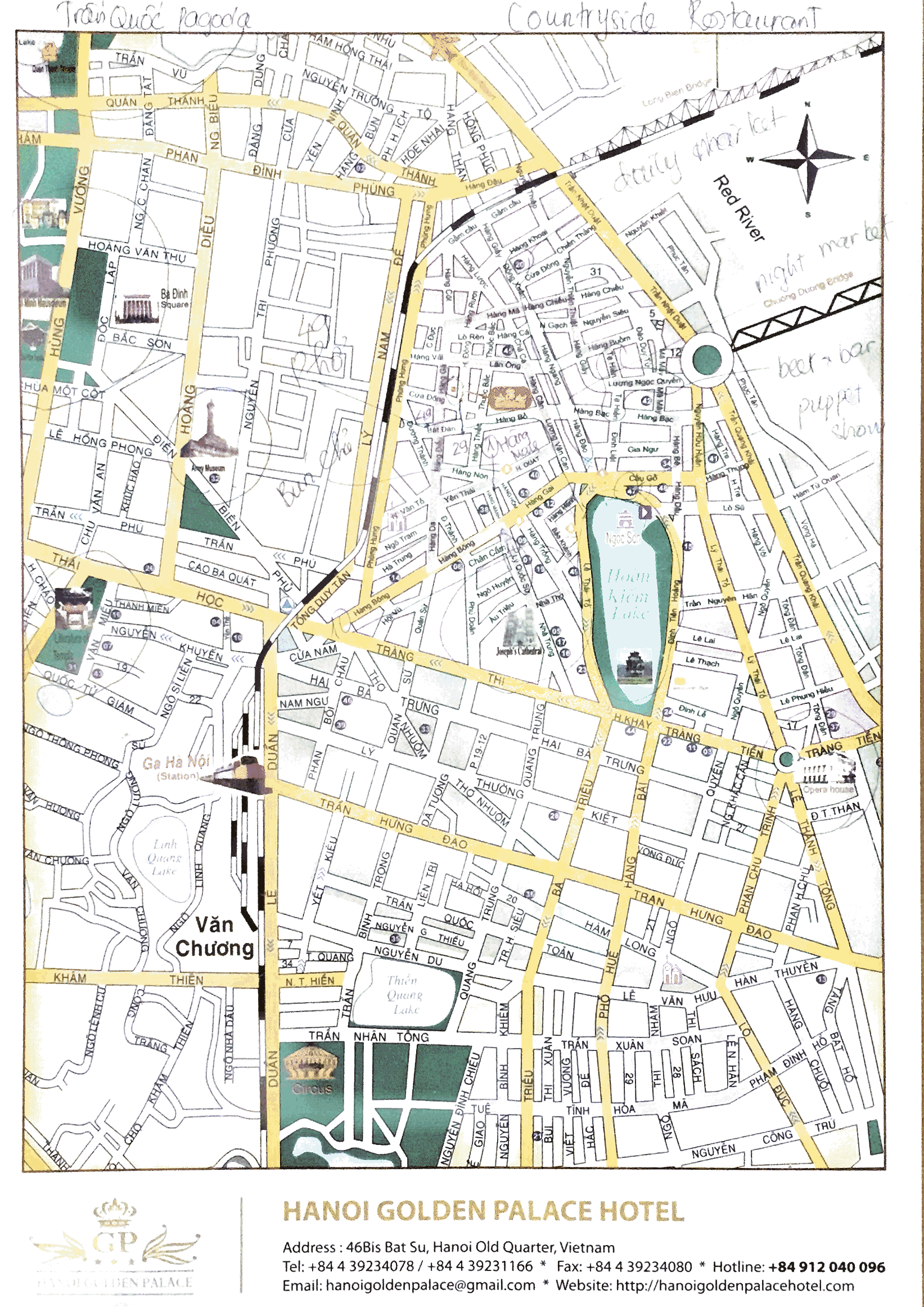 Map of the local area provided by the hotel with some key local points of interest highlighted