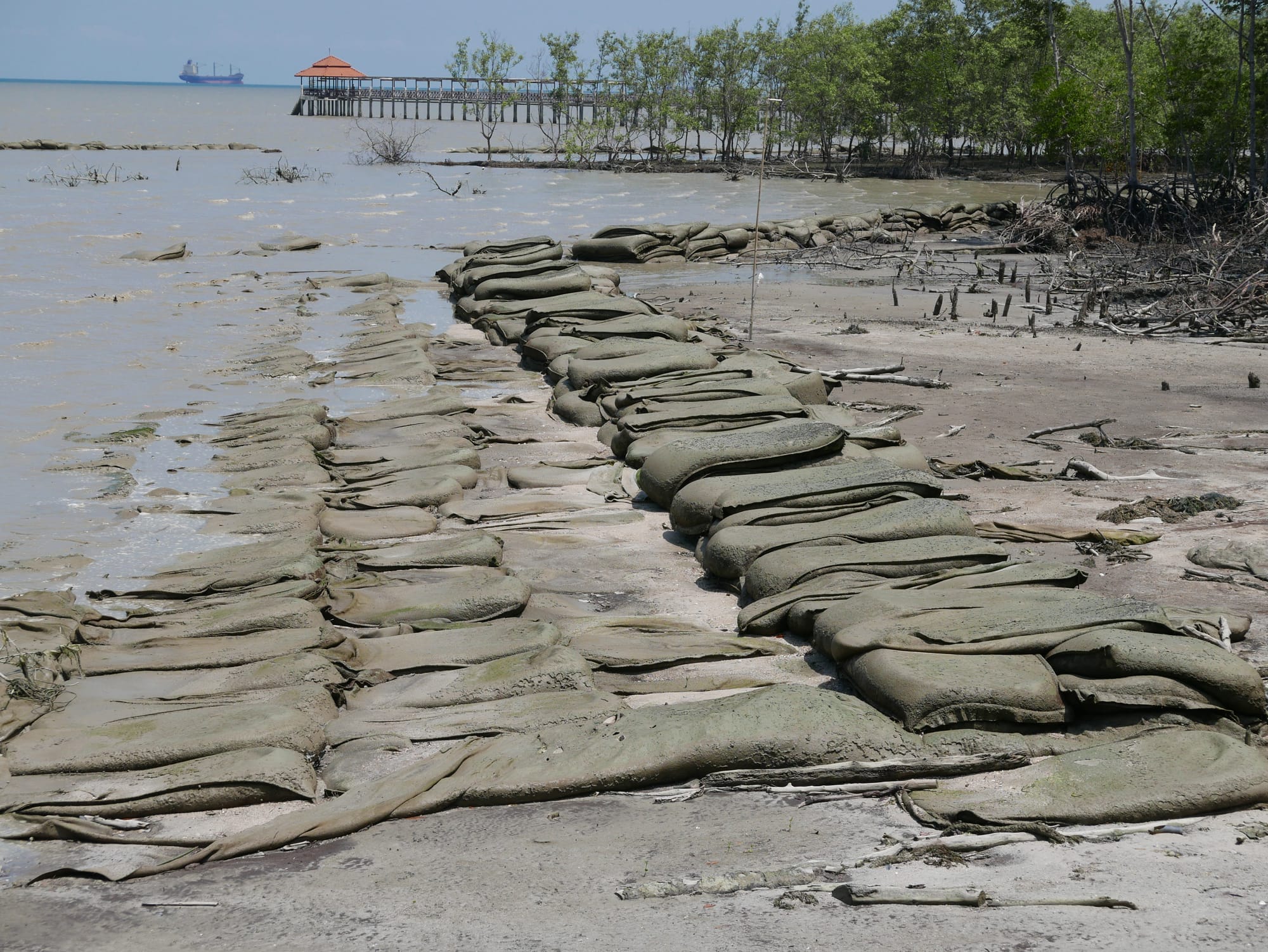 Photo by Author — coastal protection — failed sandbags — Tanjung Piai National Park