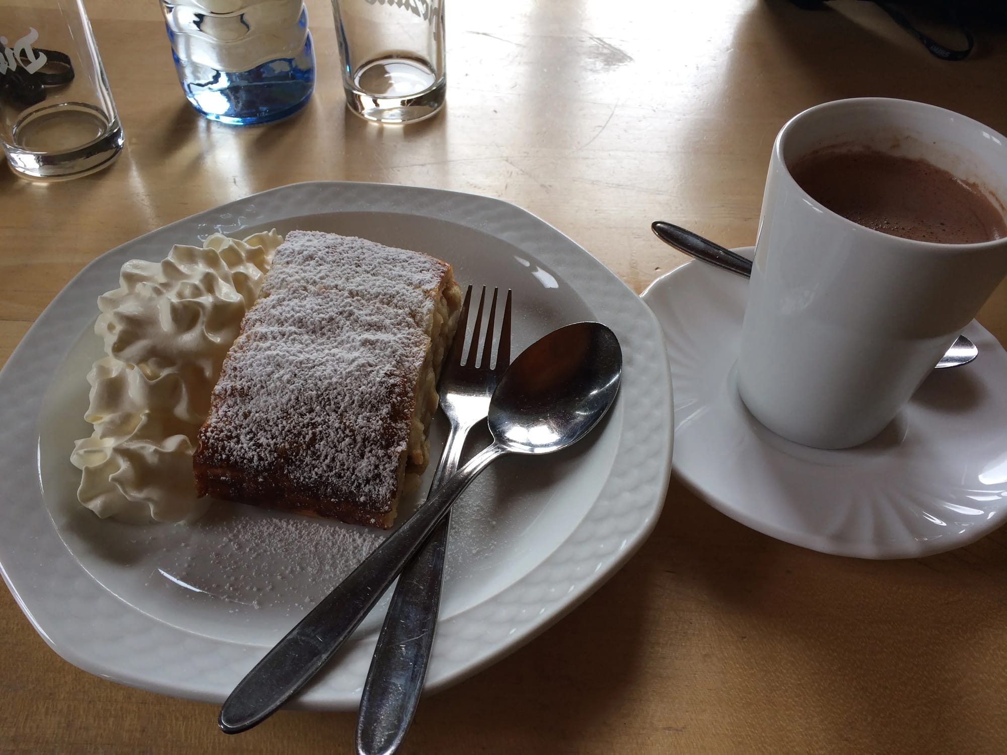 Photo by Author — Apple Strudel and Hot Chocolate at the Kapall restaurant