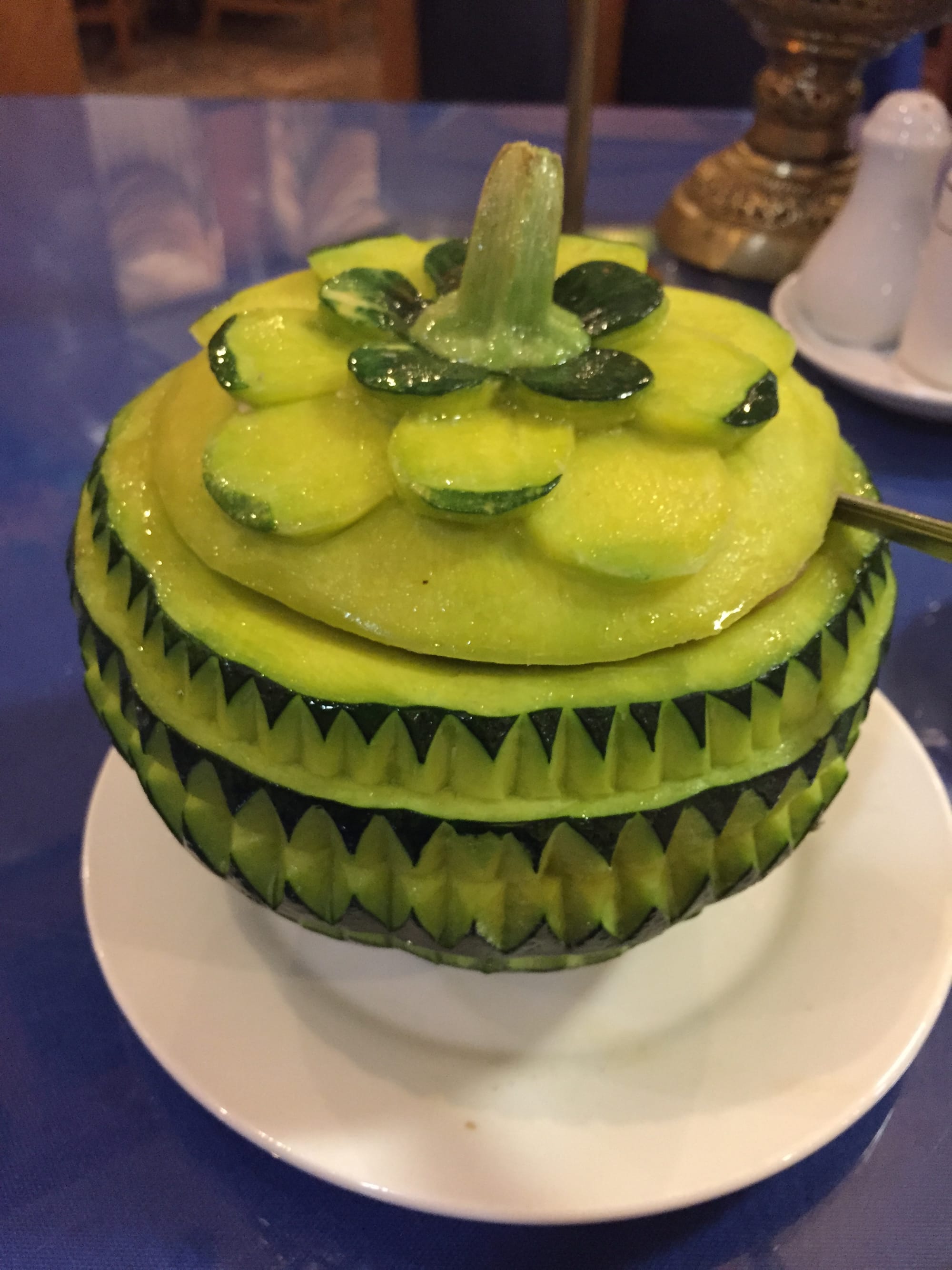 Photo by Author — steamed seafood — pot or carved melon?