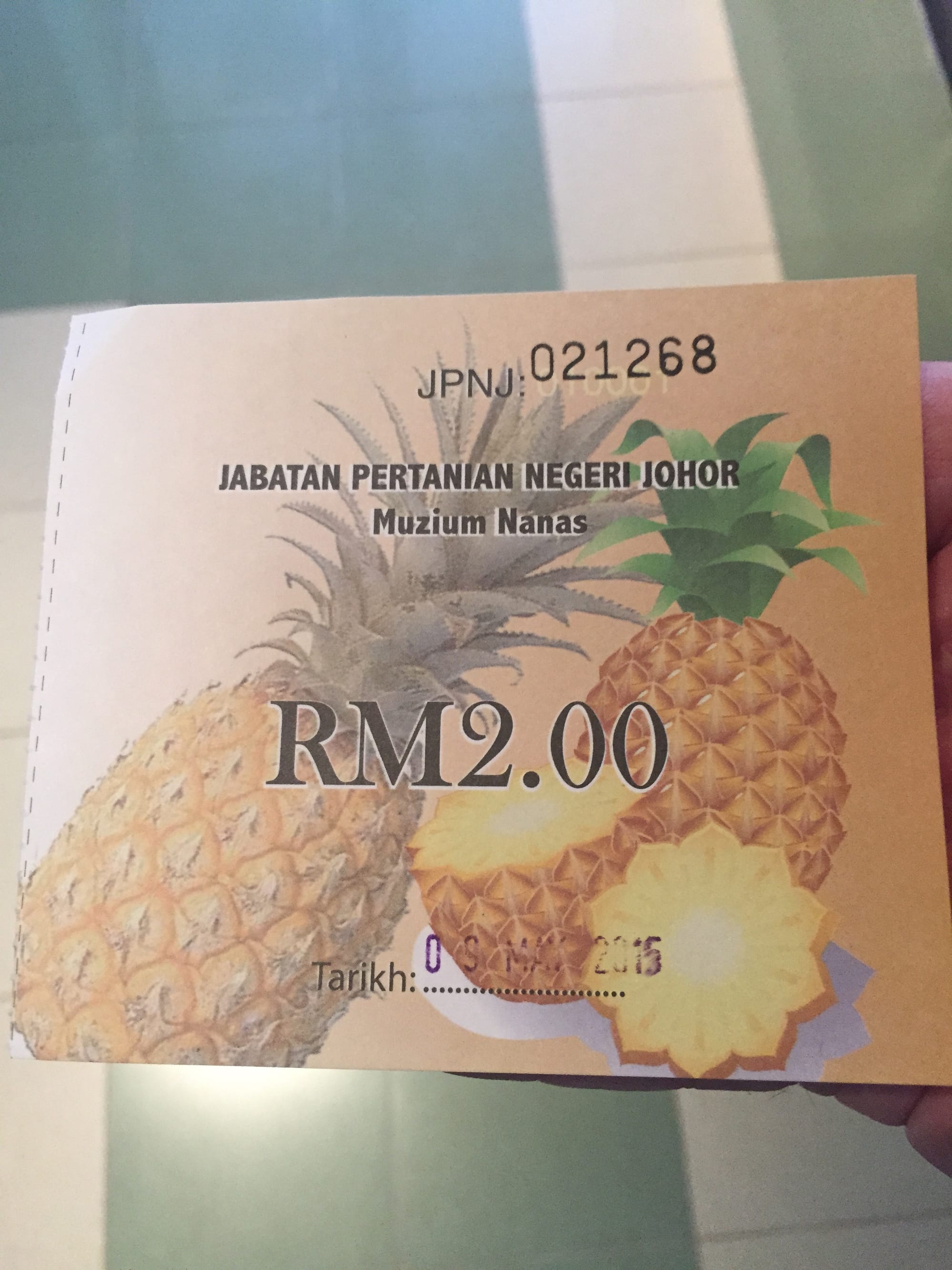 Photo by Author — my ticket to the Muzium Nanas (Pineapple Museum), Johor, Malaysia
