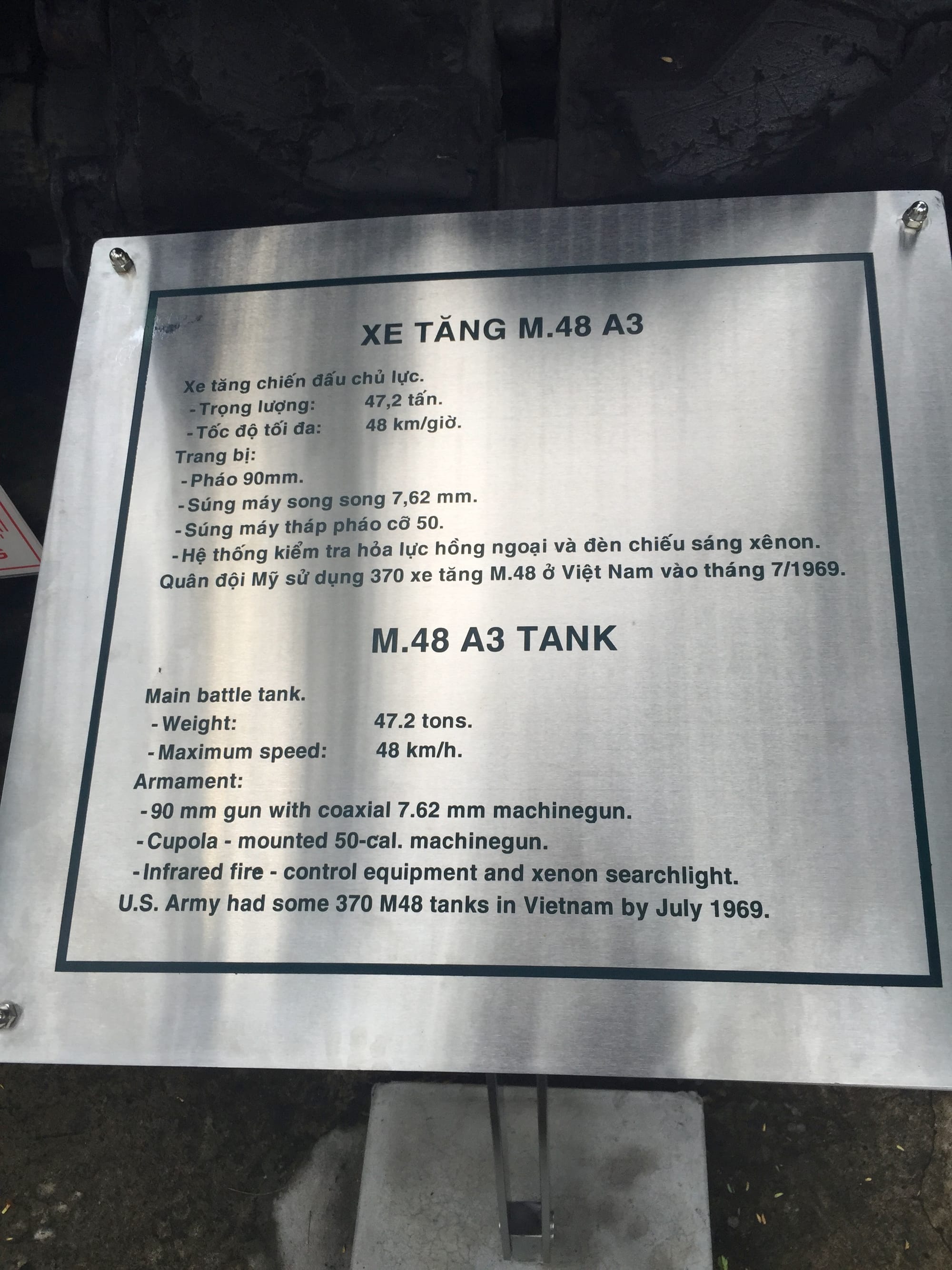 Photo by Author — M.48 A3 Tank information plaque — Bảo tàng Chứng tích Chiến tranh (War Remnants Museum), 28 Võ Văn Tần, Phường 6, Quận 3, Ho Chi Minh City (Saigon), Vietnam