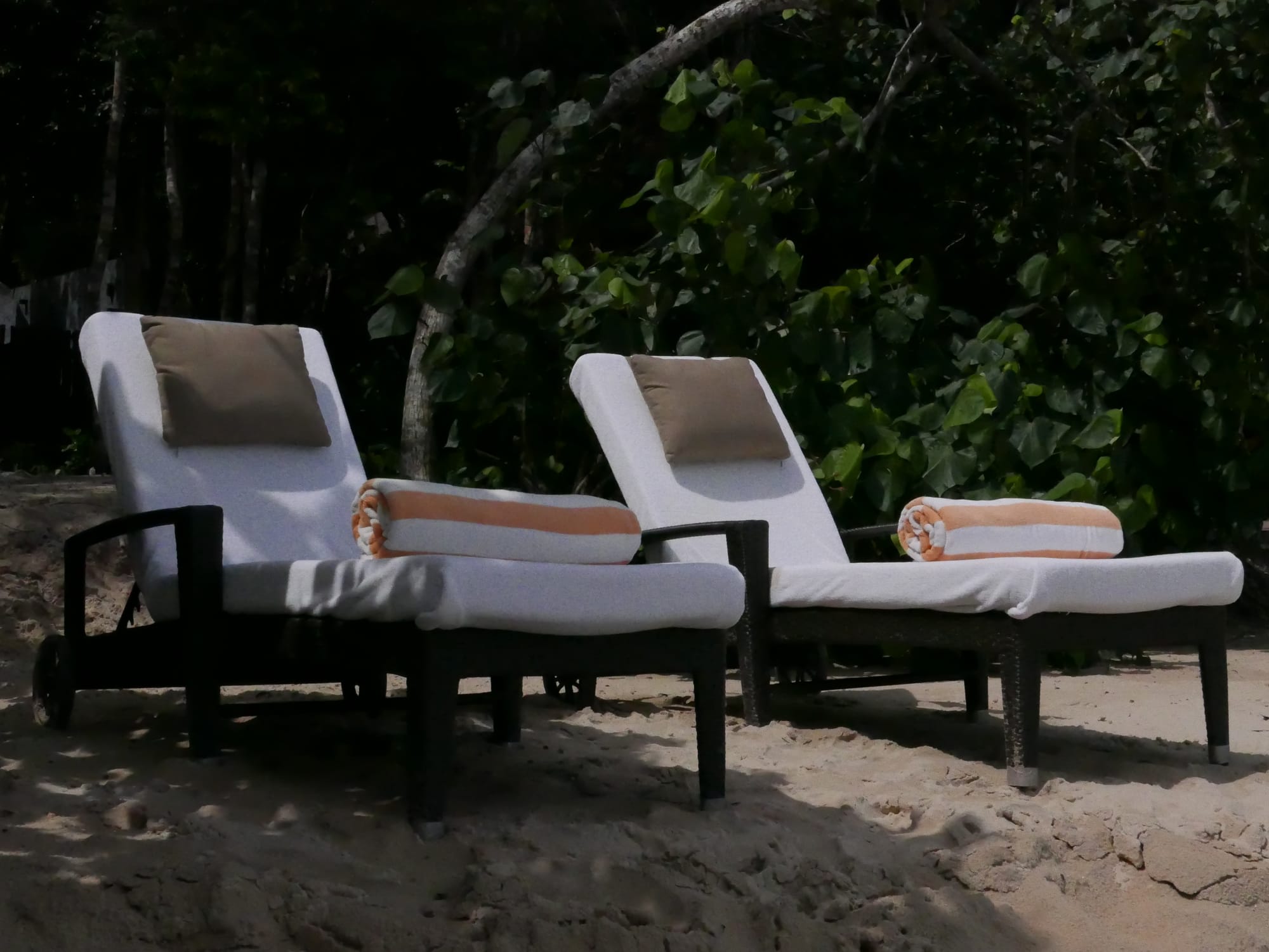 Photo by Author — sun loungers on the beach at the Andaman Hotel, Langkawi, Malaysia