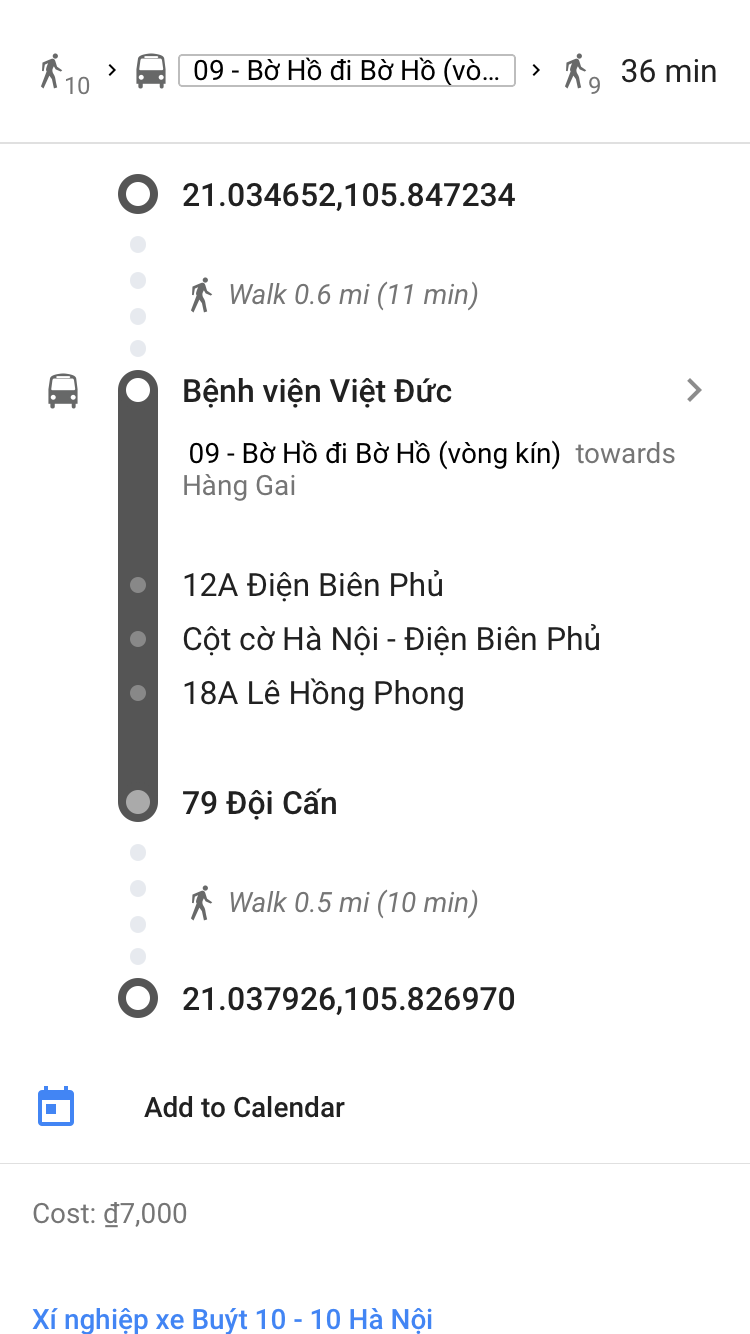 Screenshot by Author — route details — getting the bus in Hanoi, Vietnam