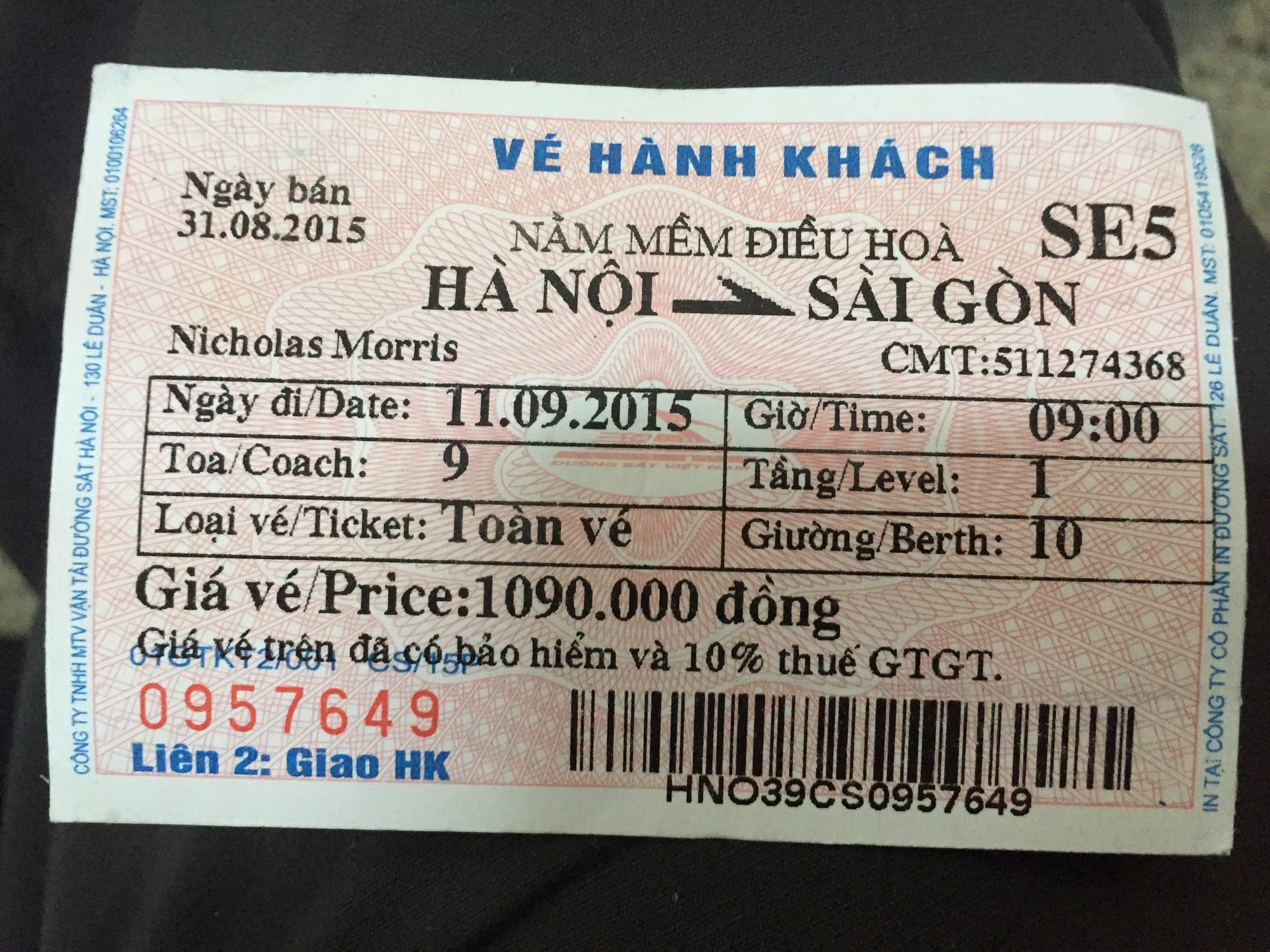 Photo by Author — my ticket to ride the Reunification Railway Timetable, Vietnam