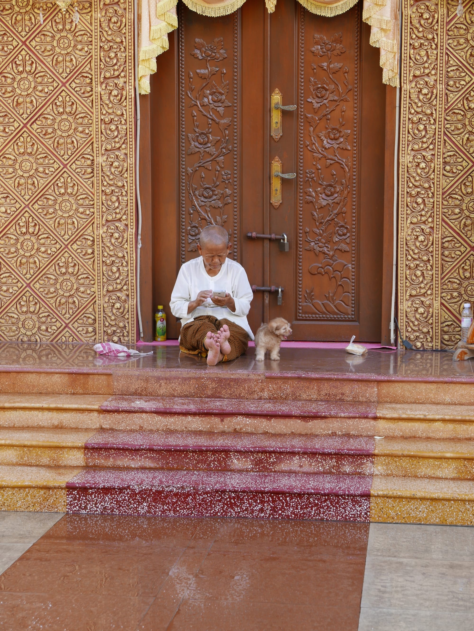 Photo by Author — a man and his puppy — Wat Dam Nak (Wat Damnak; ព្រះដំណាក់), High School Road (cor Wat Bo Road), Siem Reap, Cambodia