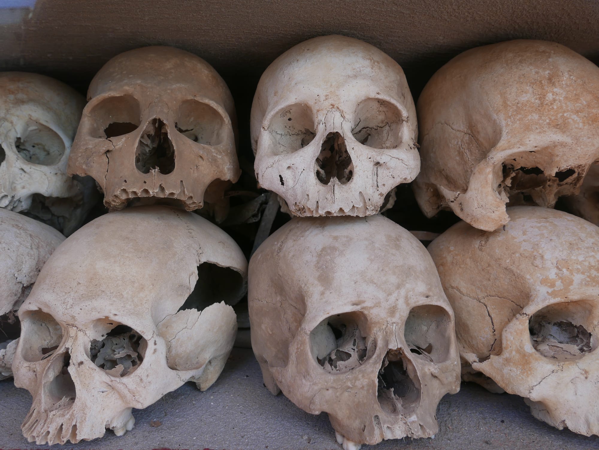 Photo by Author — human skulls at the Wat Thmey Killing Field Memorial, Siem Reap, Cambodia