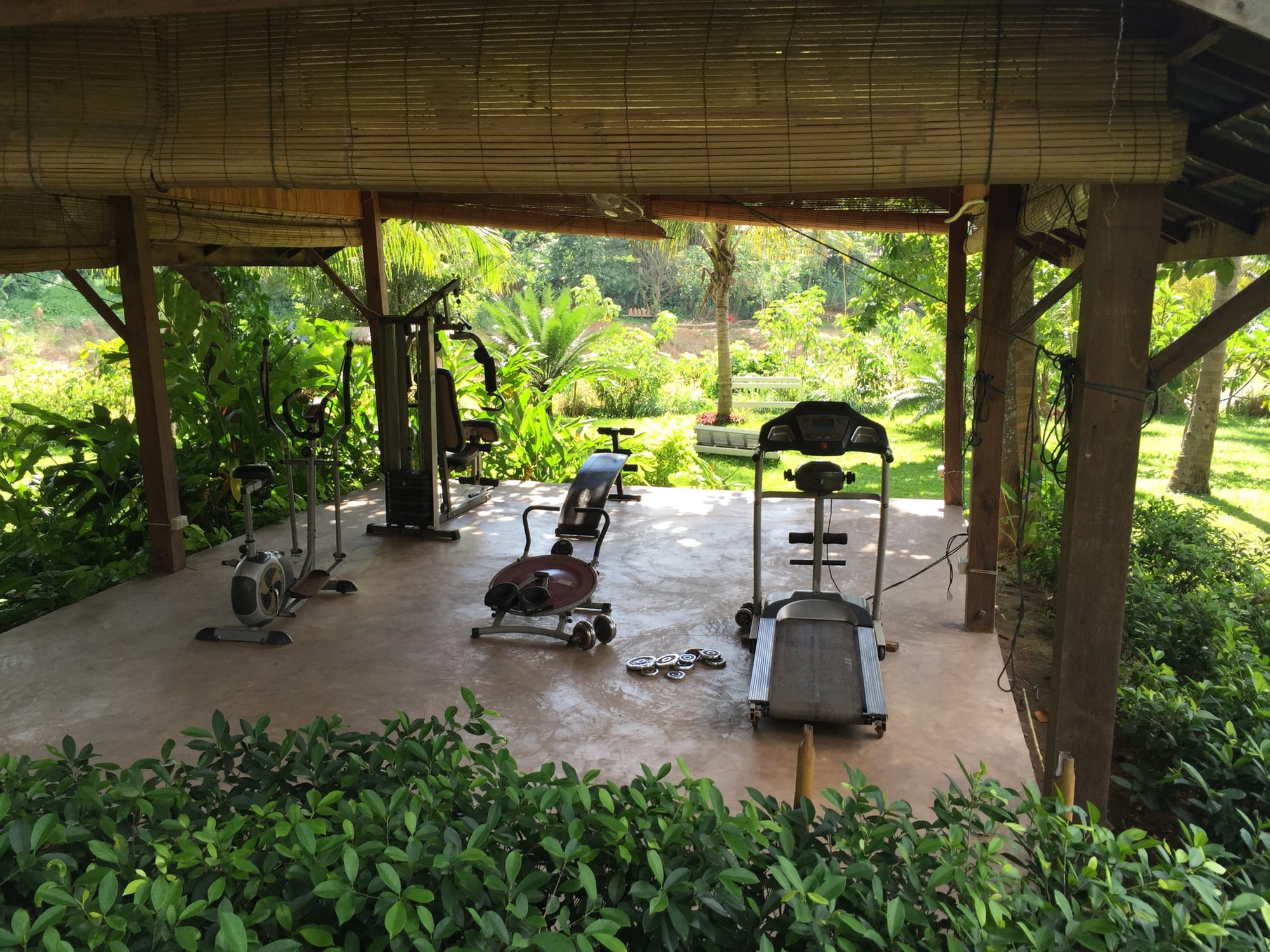 Photo by Author — the gym at Le Bel Air Resort, 1 Old Bridge, Luang Prabang (ຫລວງພະບາງ/ຫຼວງພະບາງ), Laos