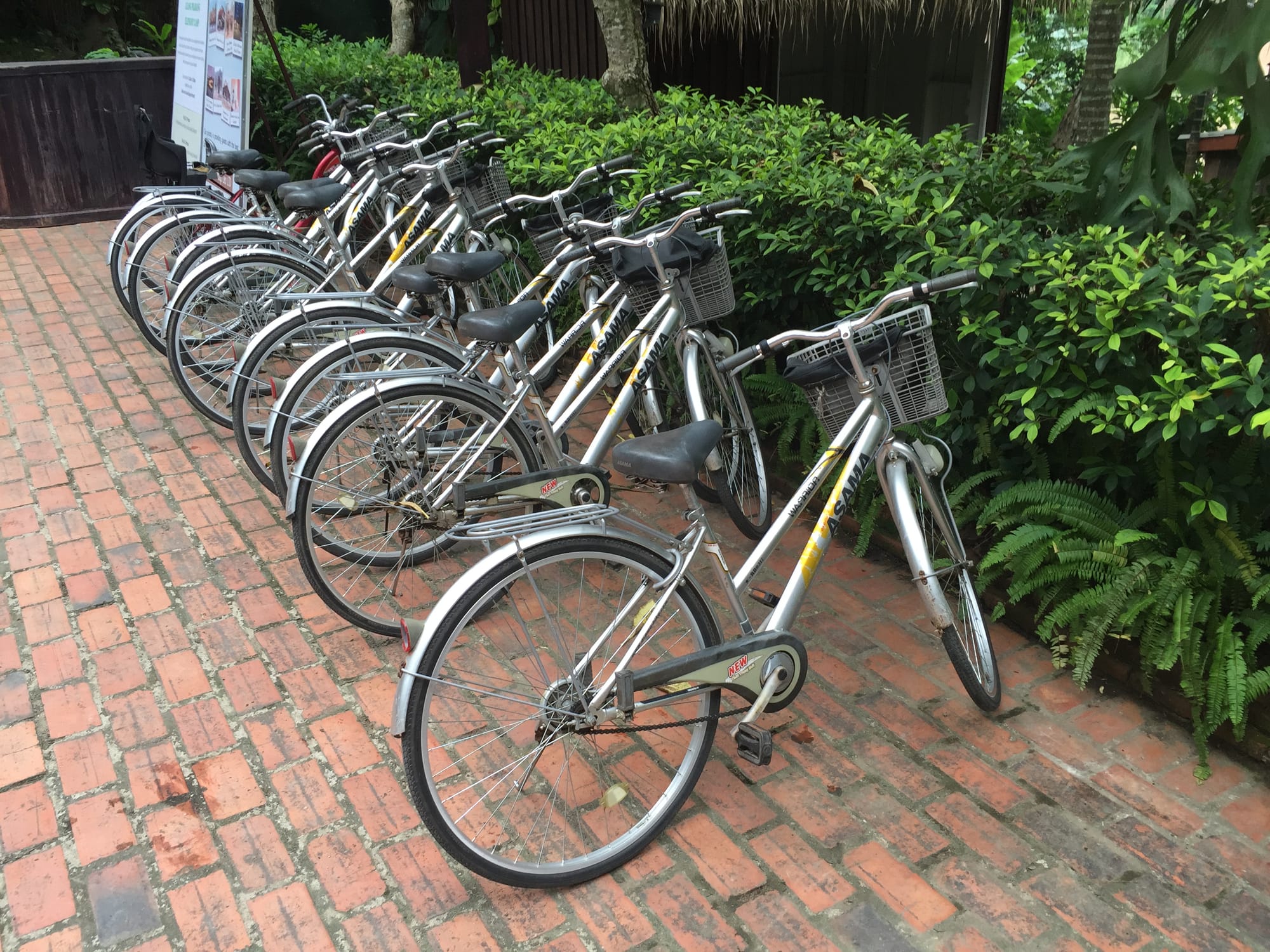 Photo by Author — guests bikes— Le Bel Air Resort, 1 Old Bridge, Luang Prabang (ຫລວງພະບາງ/ຫຼວງພະບາງ), Laos