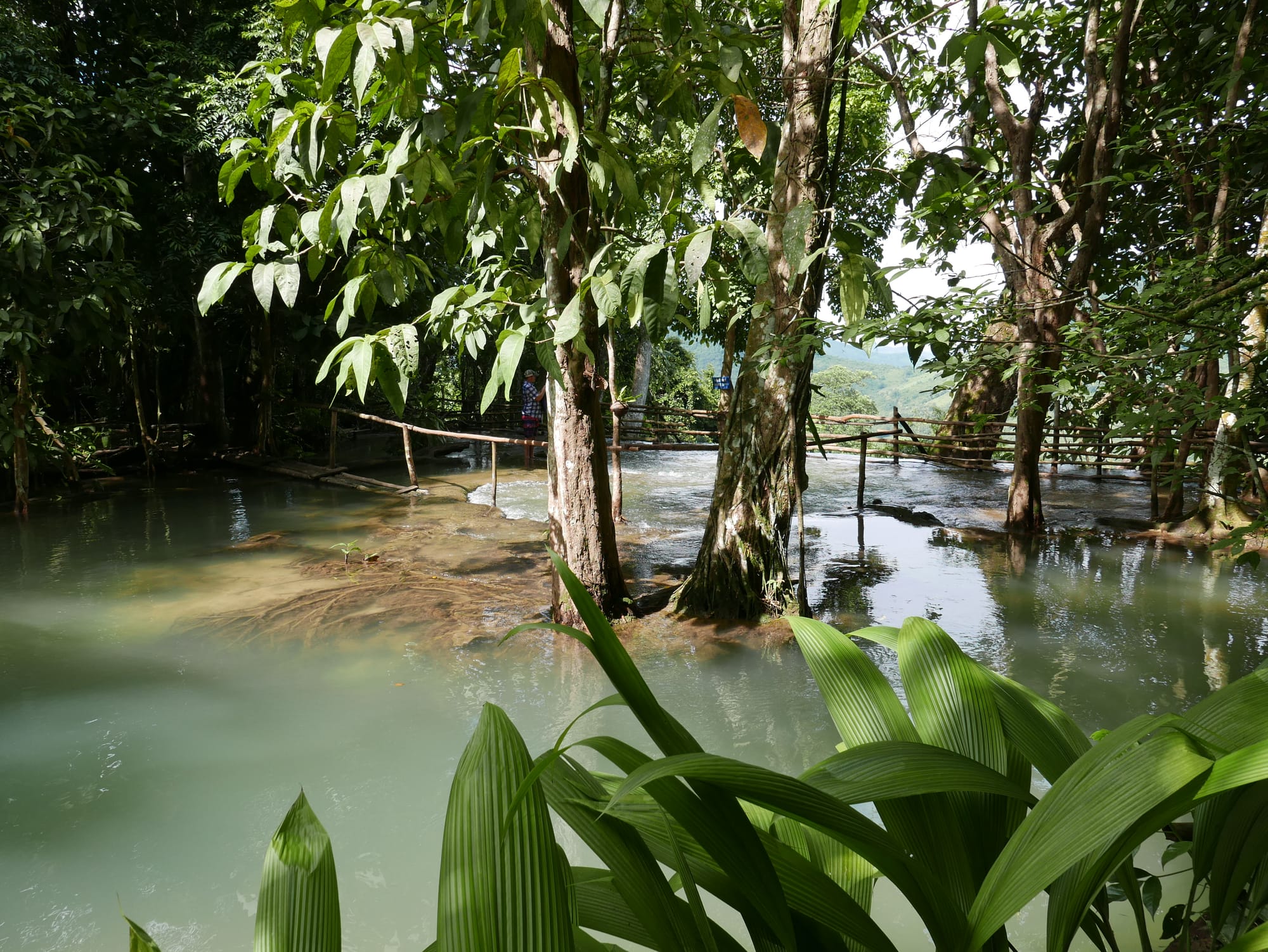 Photo by Author — safety barriers — Kuang Si Waterfall (ນ້ຳຕົກຕາດ ກວາງຊີ), Laos — the upper pools