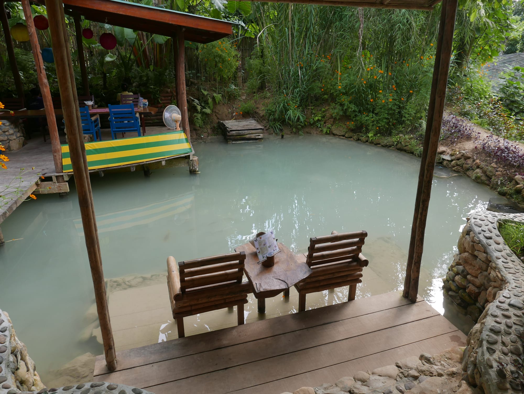 Photo by Author — getting your feet nibbled by fish— Kuang Si Butterfly Park, Laos