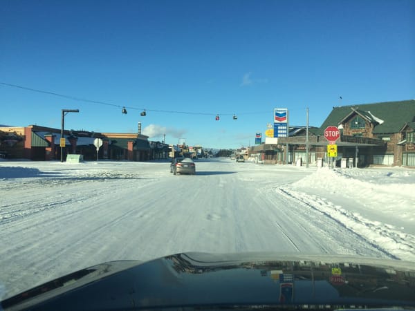 Photo of a snowy Main Street, West Yellowstone, Montana