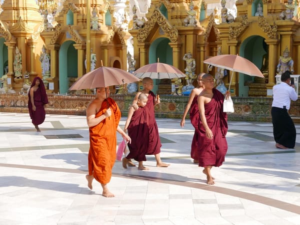 Monks and Umbrellas at the Shwedagon Pagoda (Paya), Yangon (Rangoon), Myanmar (Burma)